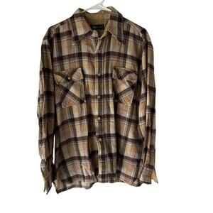 Vintage ZCMI Shirt Mens Medium Brown Beige Plaid Wool Blend Flannel Lined‎ 70s